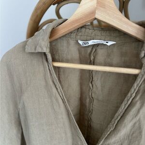 ZARA Linen Tie Front Crop Blouse Taupe Small